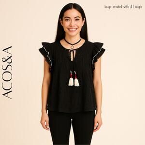 ACOS&A Black Glen Check Flutter Sleeve Peasant Blouse with Tassels, S